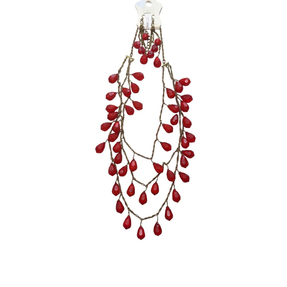 Isis Creative Red Faceted Teardrop Bead Multi Strand Bib Necklace Earrings Set
